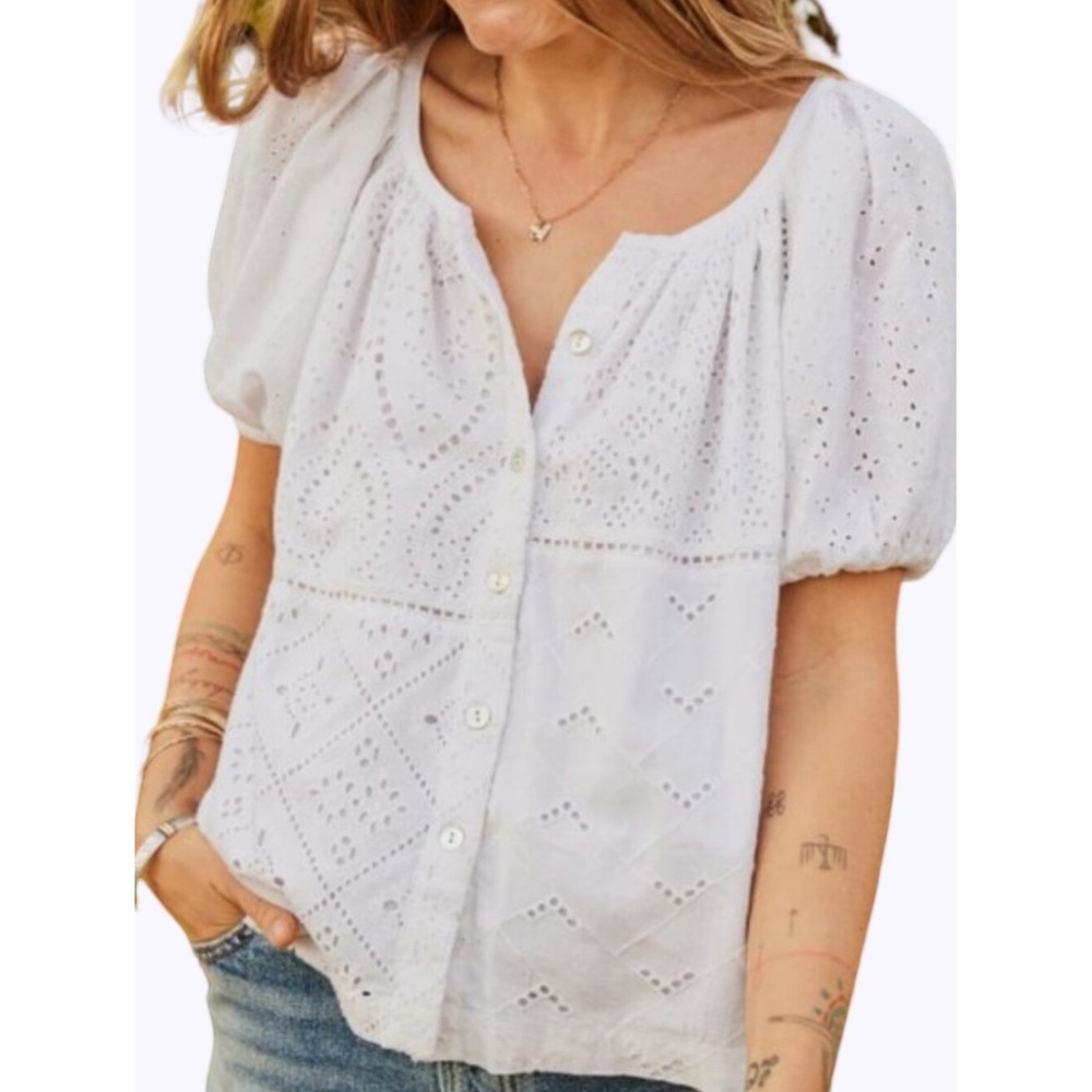 Artelier Nicole Miller White Eyelet Button Down Puff Sleeve Blouse Plus 2X NEW